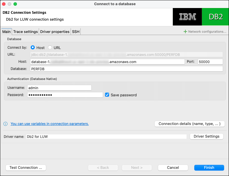 La finestra Connettiti a un database con varie impostazioni di connessione popolate DBeaver.