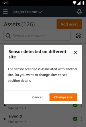 Pop-up dialog asking to change sites to see sensor position details, with Cancel and Modifica site options.