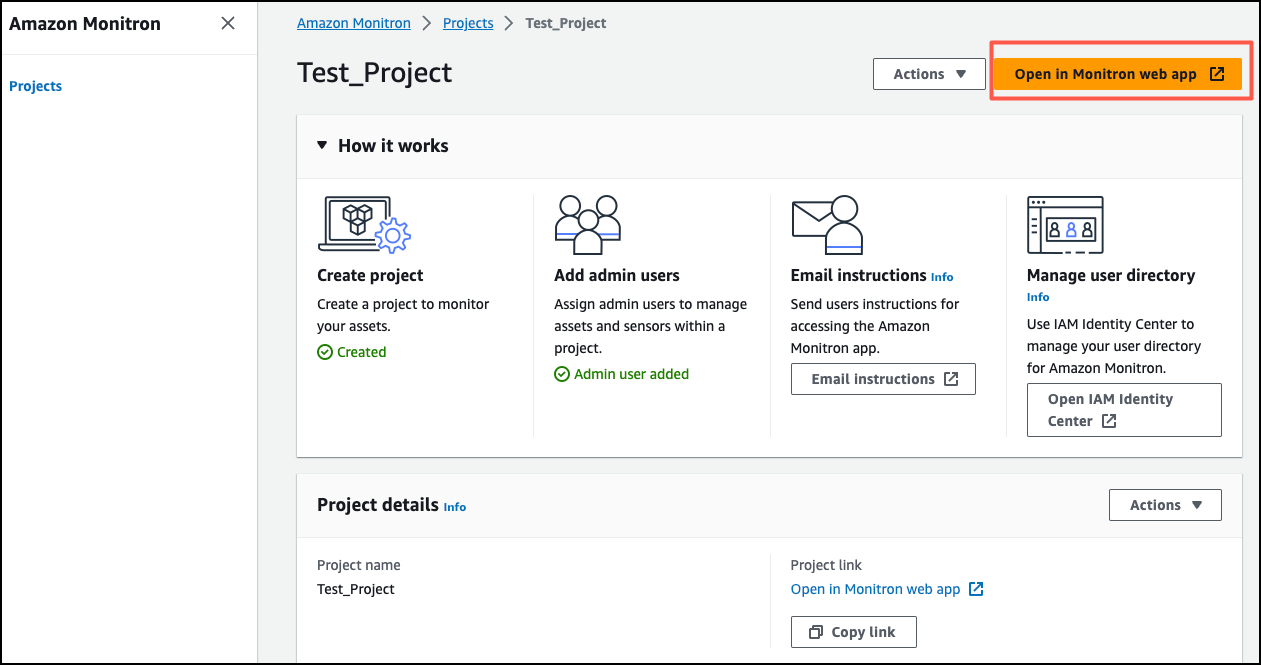 Amazon Monitron project page showing setup steps and project details for Test_Project.