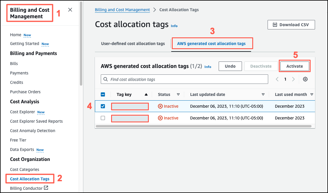 Gestione dei costi e fatturazione AWS console showing cost allocation tags interface with activation option.