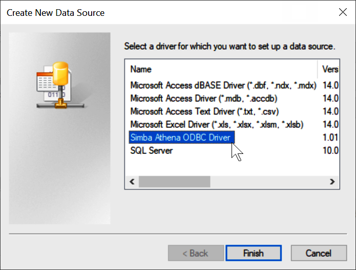 Scegli il driver ODBC di Athena.