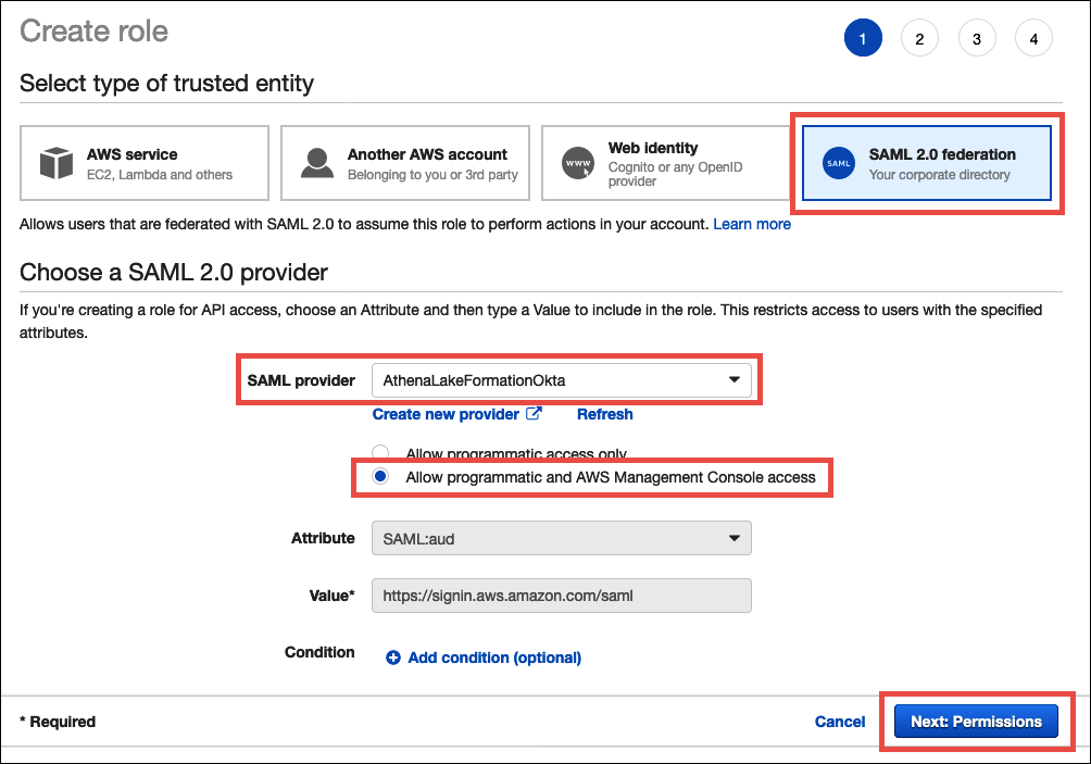 Configurazione di un ruolo IAM per l'utilizzo di SAML 2.0.