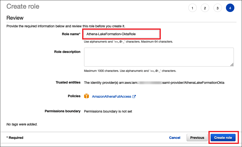 Inserire un nome per il ruolo IAM.