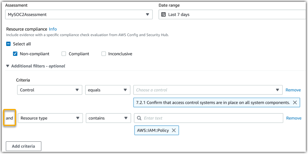 Una selezione di filtri applicati, con l'operatore AND evidenziato.