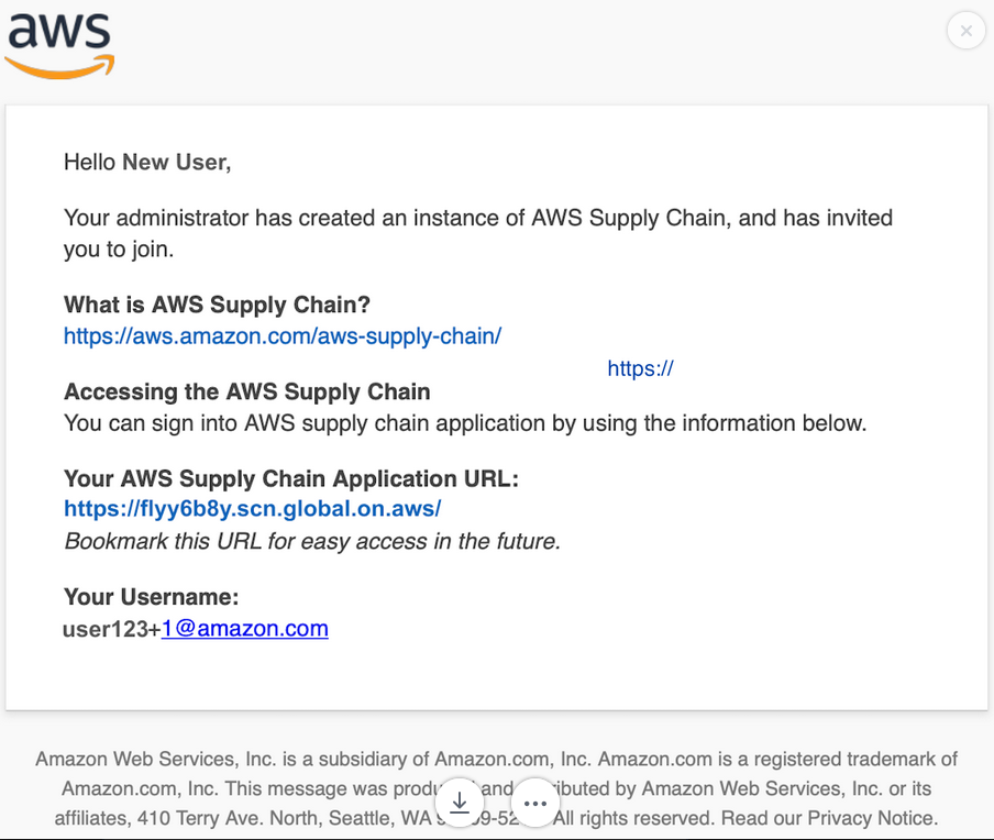 Email invitation to join Catena di approvvigionamento di AWS with application URL and username details.
