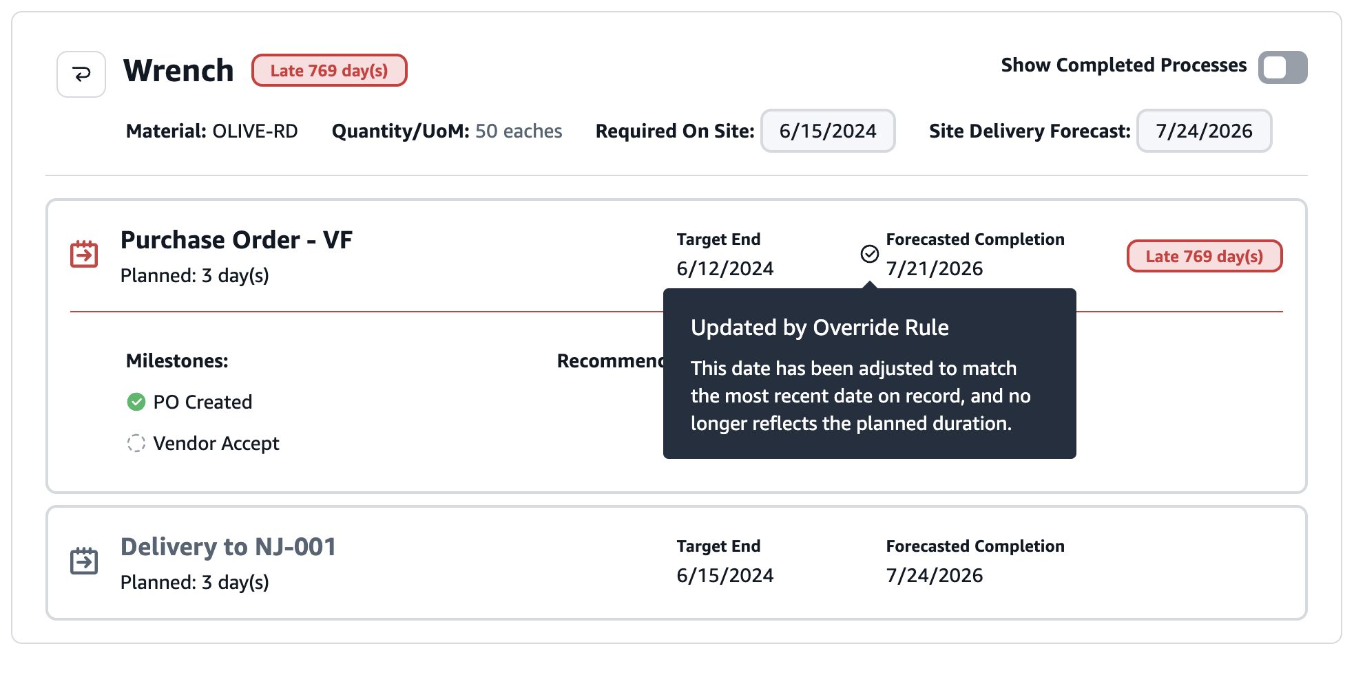 Riepilogo del materiale dell'ordine - completamento previsto