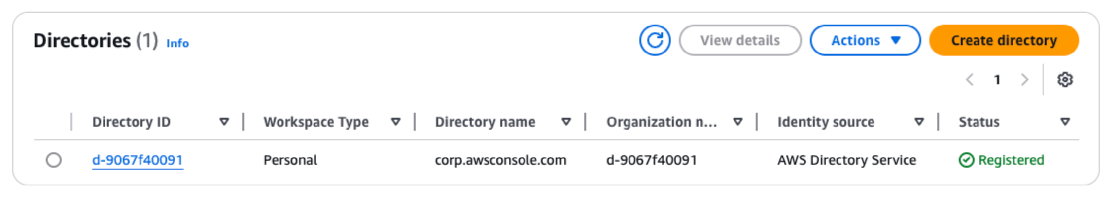La pagina Directory con una voce per una directory con uno stato attivo.