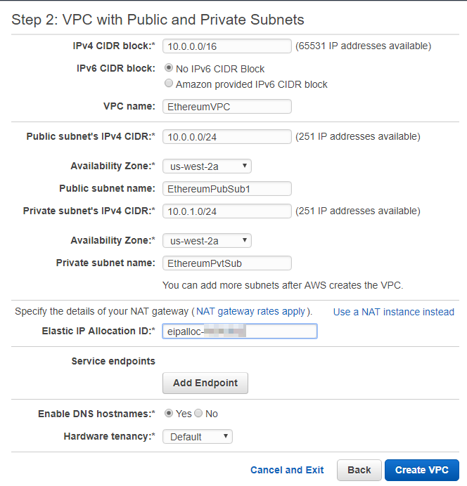 VPC configuration form with public and private subnet details for EthereumVPC.