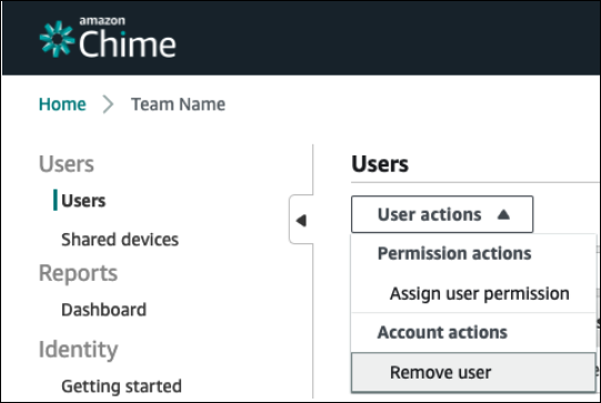 Scegli Rimuovi utente dal menu Azione quando gestisci un account Team