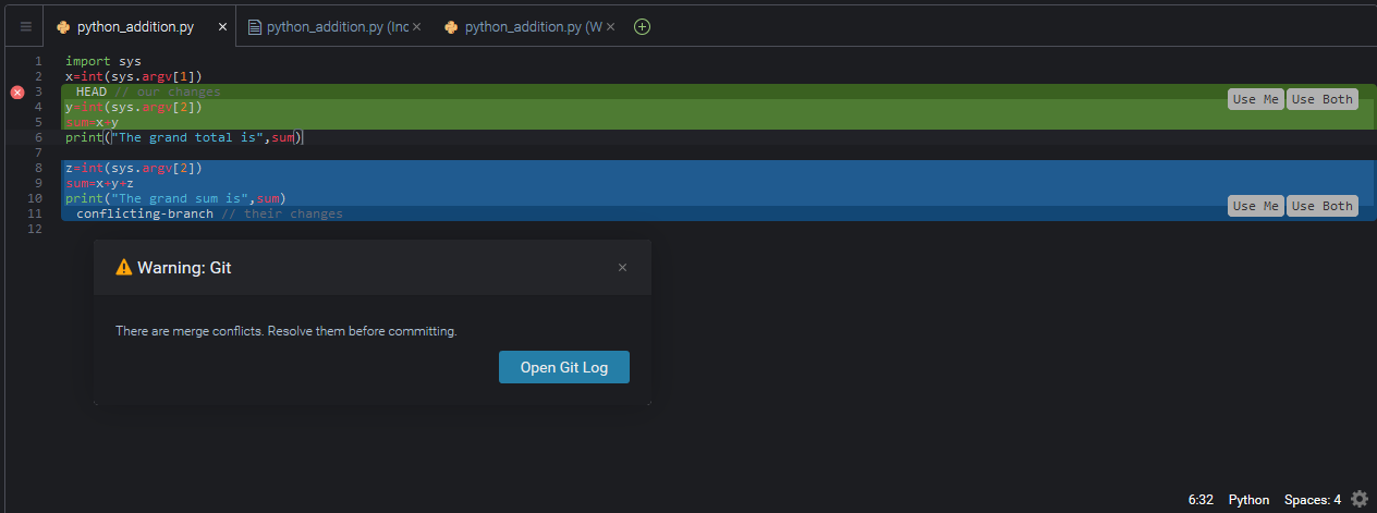 Finestra IDE per la risoluzione dei conflitti di unione