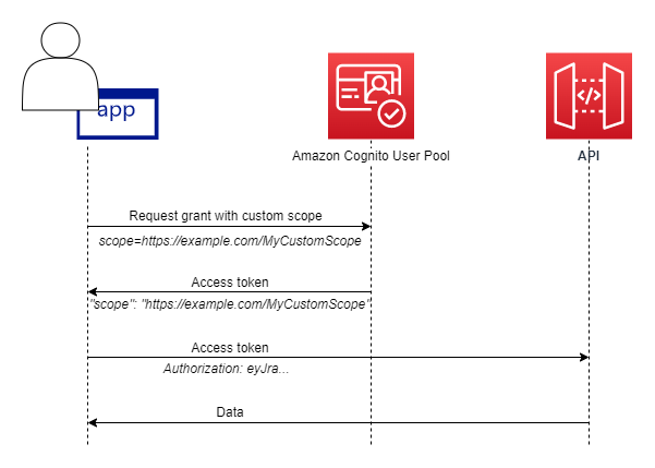 Panoramica del flusso di un server di risorse. Il client richiede una concessione con un ambito personalizzato, il pool di utenti restituisce un token di accesso con l'ambito personalizzato e il client passa il token di accesso a un'API.