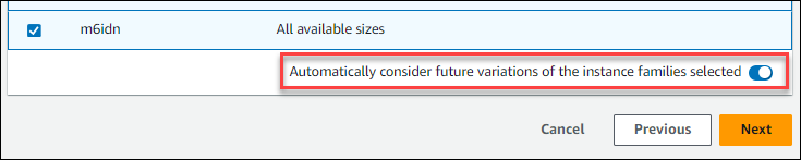Considera automaticamente le future varianti delle famiglie di istanze toggle