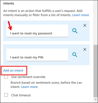 Sezione Intenti, con il pulsante Aggiungi un intento e il pulsante di ricerca.