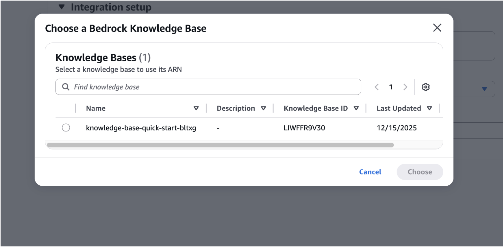 Selezione della Bedrock Knowledge Base esistente
