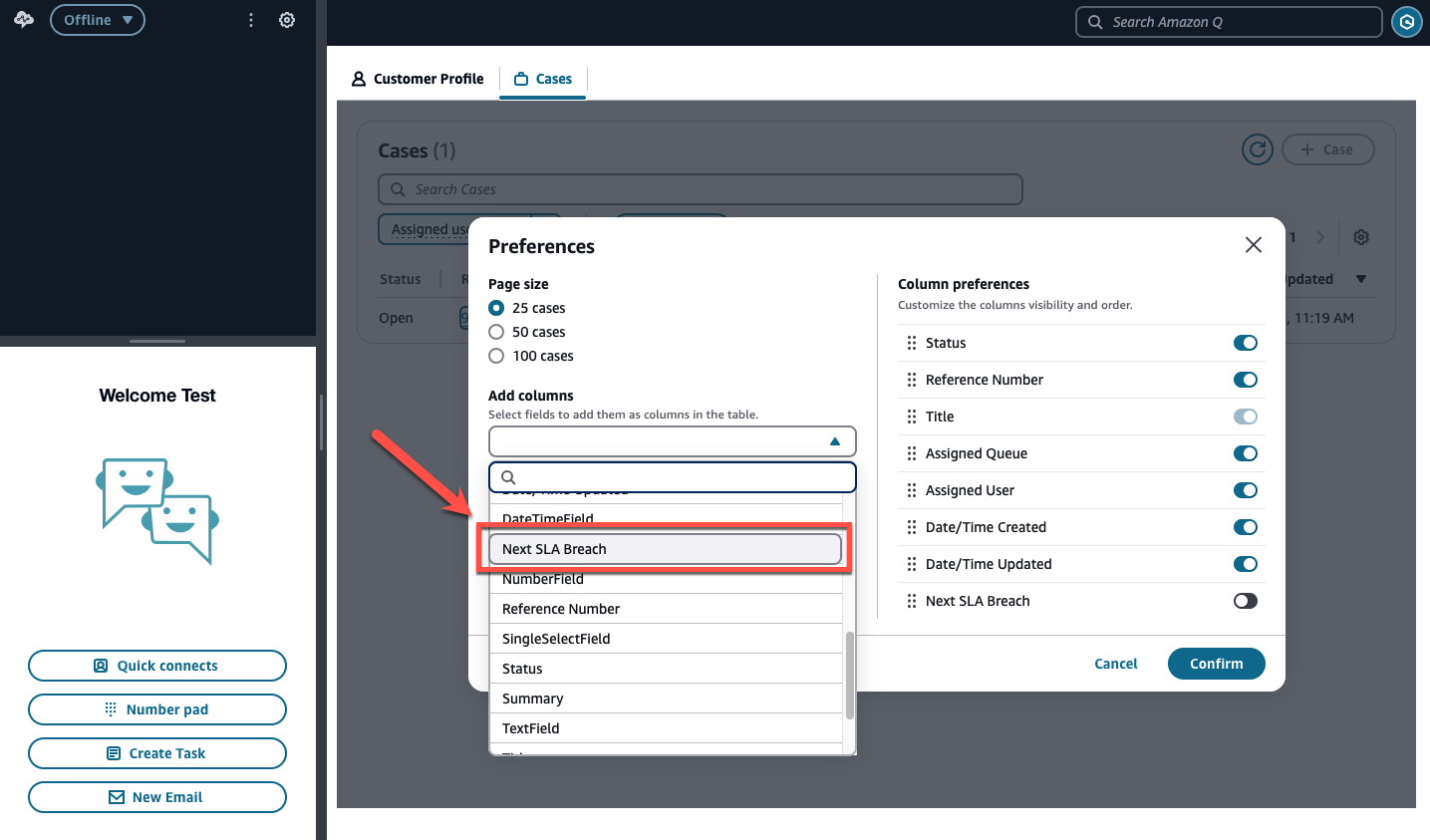 Aggiungere il campo Violazione SLA successiva all’elenco attivo.