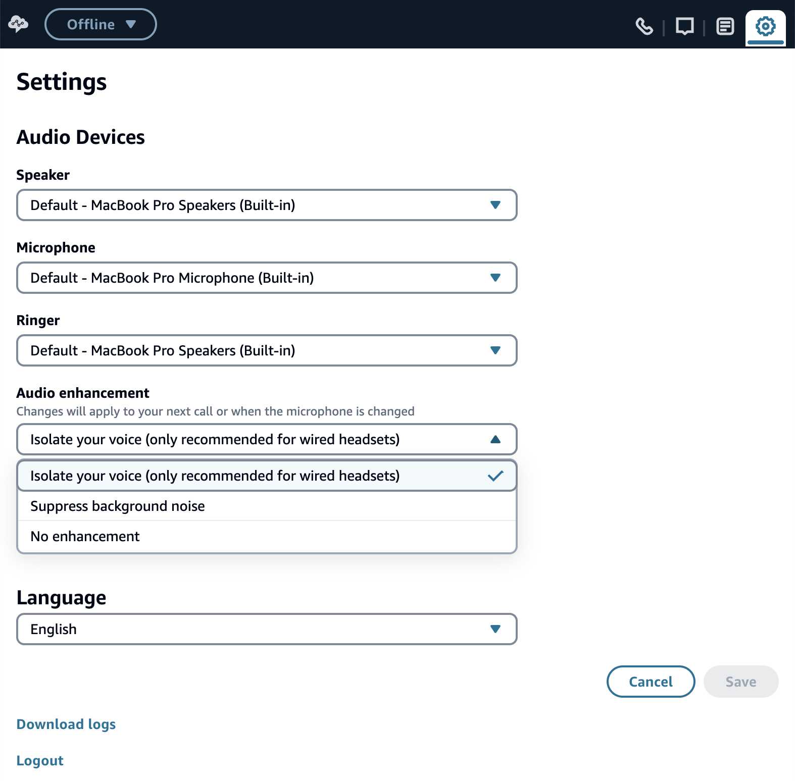 I controlli di miglioramento dell'audio nel CCP.