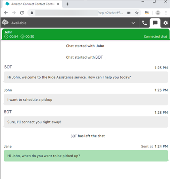 CCP, una chat di connect, trascrizione di una chat tra cliente e bot.
