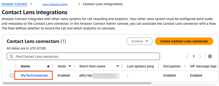 La pagina Contact Lens delle integrazioni, un connettore di esempio denominato MyTestConnector.