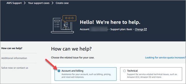 Opzione Account e fatturazione nella pagina Crea un caso.