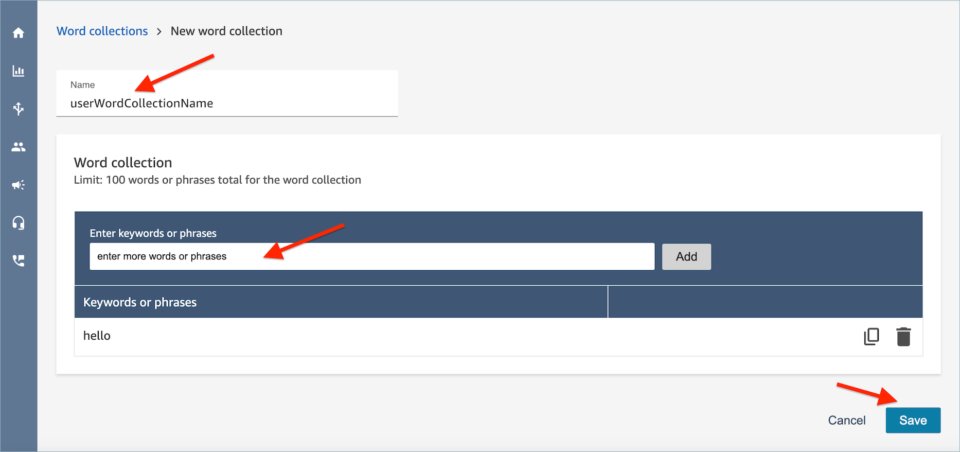 Inserisci l’opzione di parole chiave o frasi nell’interfaccia utente.