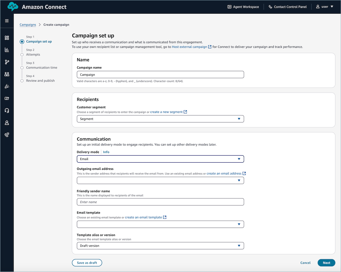 Interfaccia per la creazione di campagne e-mail con mittente, modello e opzioni di configurazione della pianificazione.