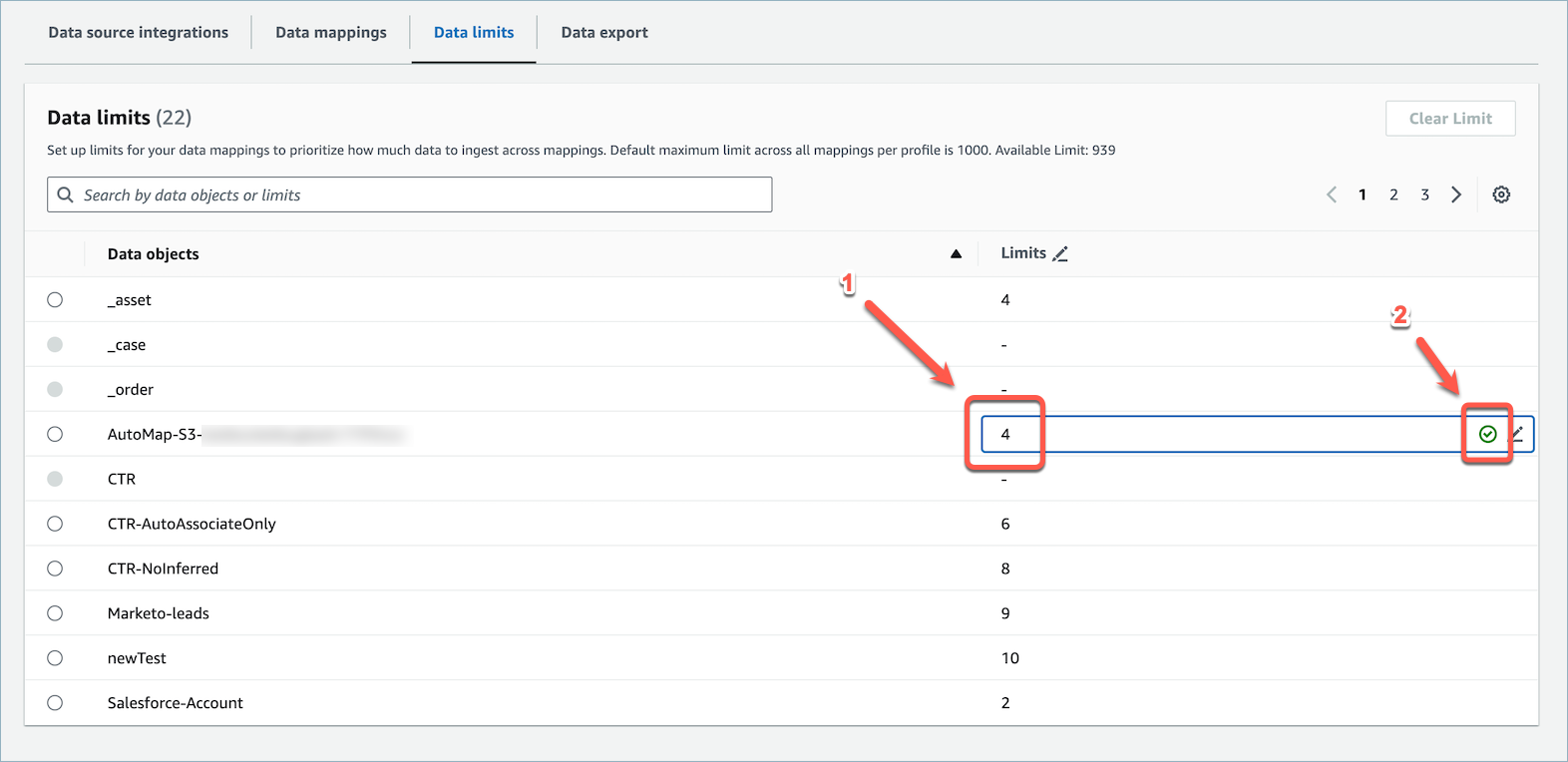 L’immagine mostra l’inserimento di un nuovo limite ed evidenzia l’icona del segno di spunta utilizzata per salvare o aggiornare il limite.