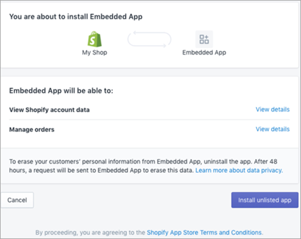 Un esempio di pagina Shopify per l’installazione e l’autorizzazione dell’app.