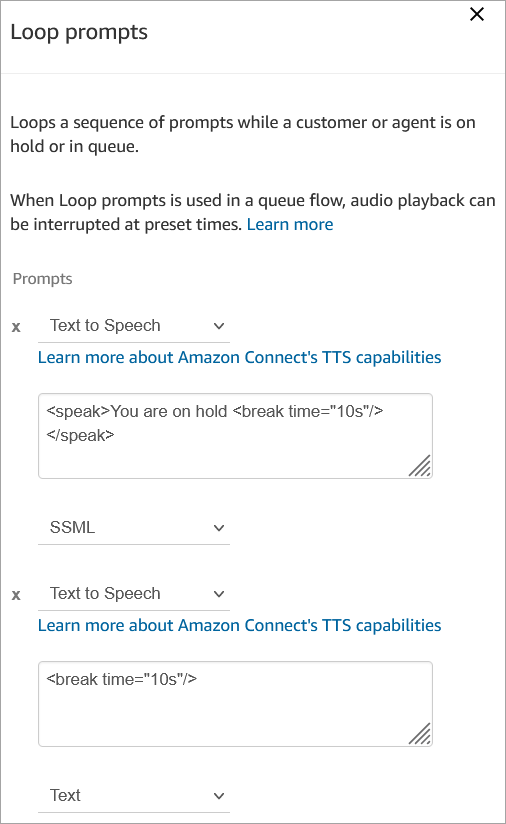 tempo di pausa = 10 secondi nella text-to-speech casella.