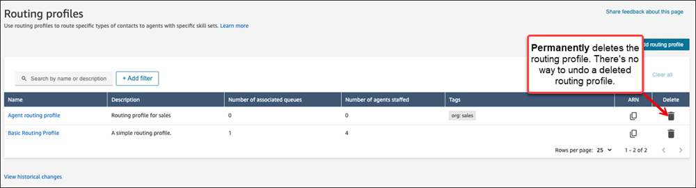 Pagina Profili di routing, opzione Elimina.