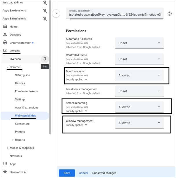 La posizione delle funzionalità web Direct sockets, Screen recording e Window management.