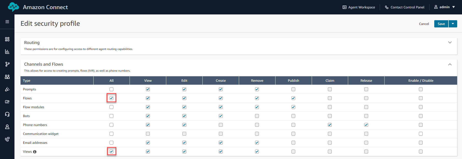Pagina del profilo di sicurezza che mostra le autorizzazioni di Channels and Flows, tra cui Bot, Flows e Flow Modules con All Access abilitato.