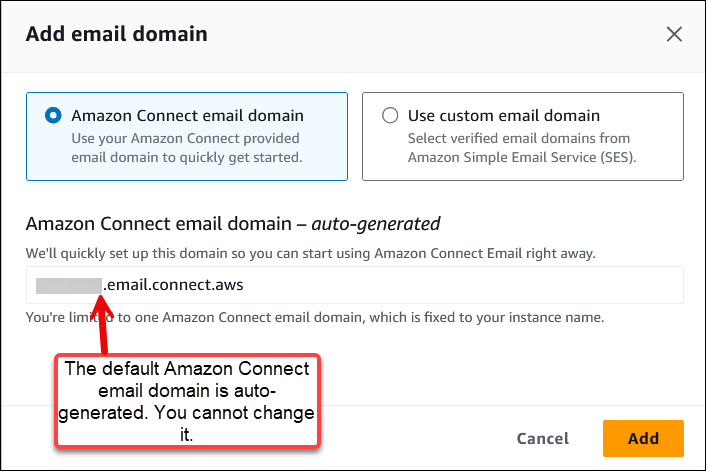 Casella Aggiungi dominio e-mail, opzione Dominio e-mail Amazon Connect.