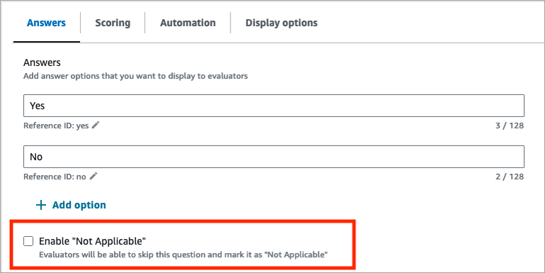 Scheda Risposte, opzione Abilita “Non applicabile”.