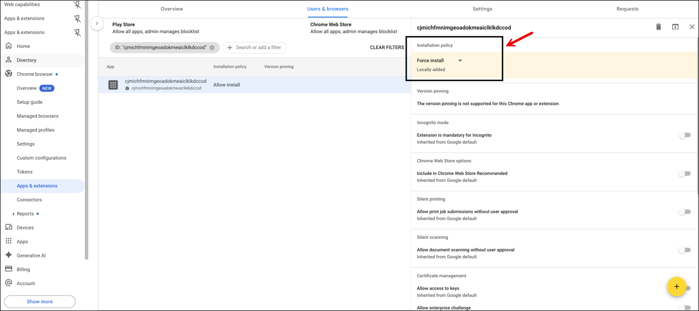 L’opzione Installation Policy è impostata su Force install.