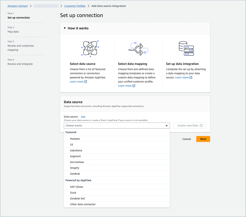 Seleziona l'origine dati dal menu a discesa in cui sono disponibili tutti i connettori supportati.