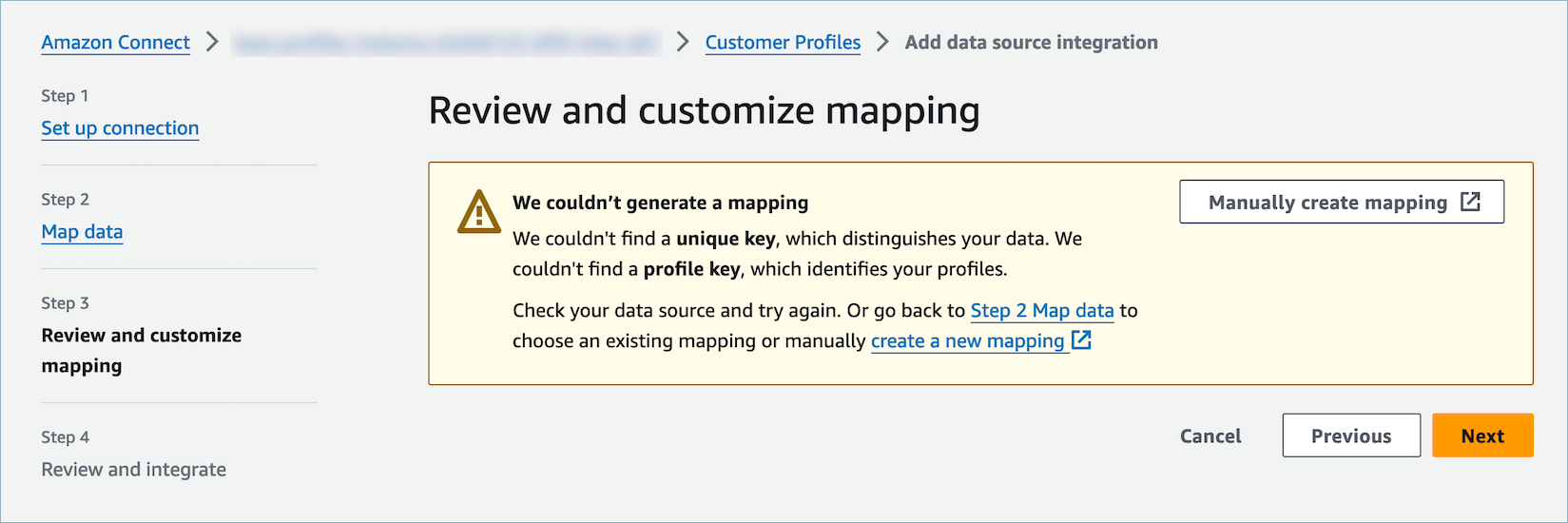 Il modello non è stato in grado di trovare un tipo di oggetto valido dall'oggetto specificato. Modifica l'input o utilizza l'approccio di mappatura manuale come suggerito.