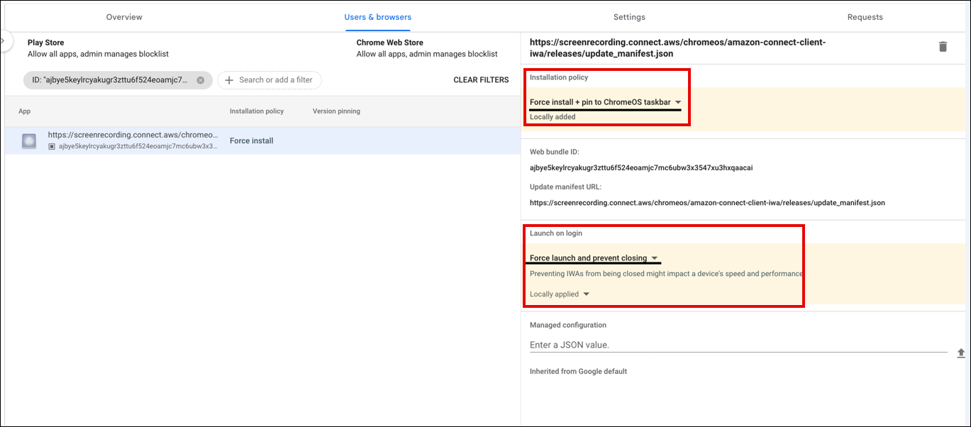 Sezioni Policy di installazione e Launch on login.