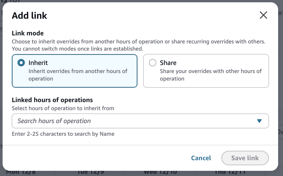 La finestra di dialogo per il collegamento sostituisce quella di un orario di funzionamento diverso.
