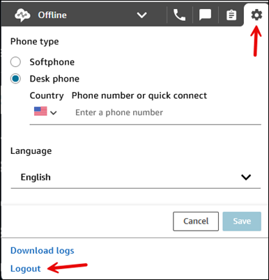 Contact Control Panel, icona Impostazioni, opzione Disconnetti.