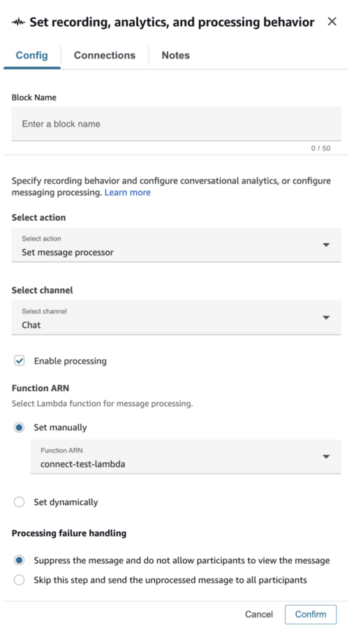 Il blocco Set recording, analytics and processing behavior flow è stato configurato con l'azione Set message processor for chat.
