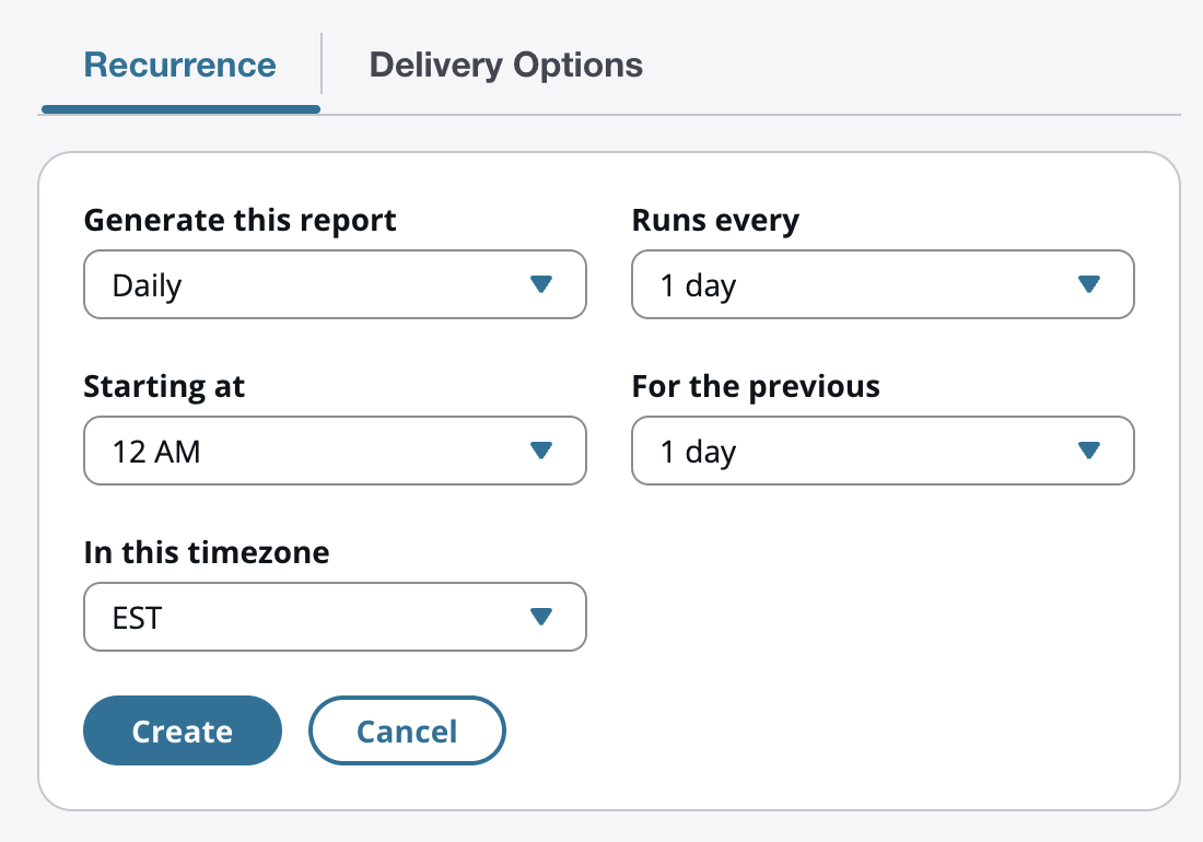 Impostazioni per creare un rapporto pianificato per ieri che generi un rapporto ogni giorno alle 00:00 EST