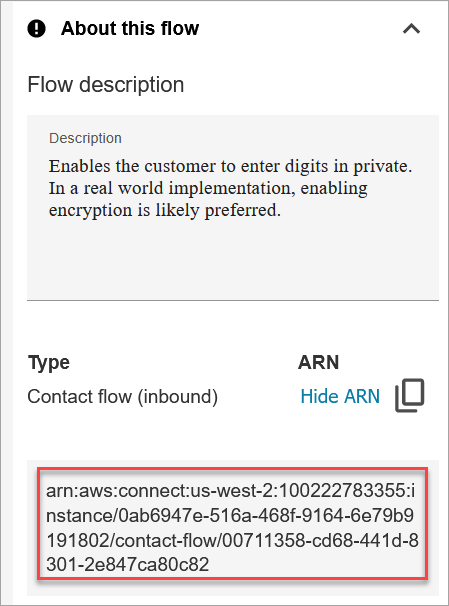 Finestra di dialogo che mostra il FLOWarn (Amazon Resource Name) completo come step-by-step guida, che mostra l'identificatore univoco necessario per l'integrazione.