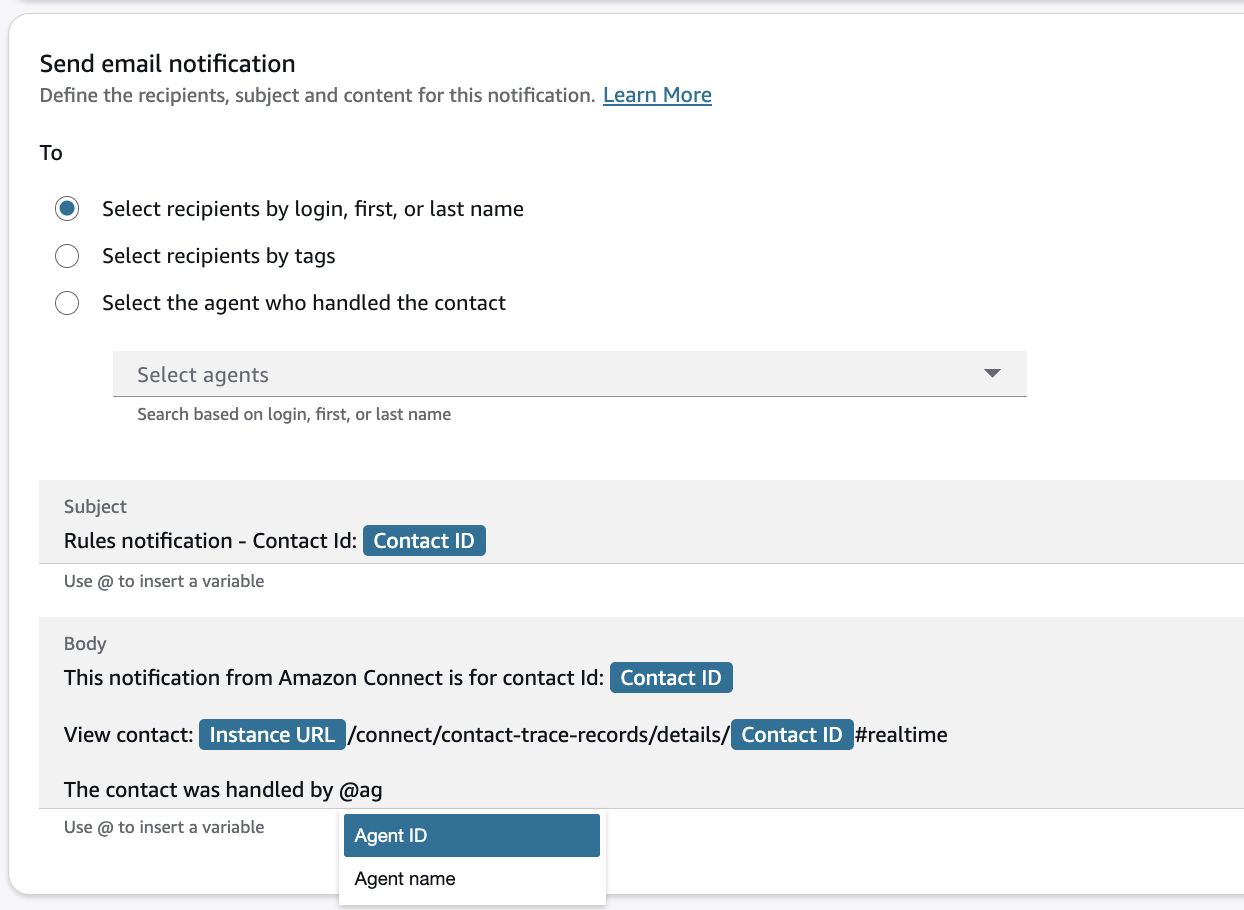 Il corpo dell'email, l'elenco delle variabili disponibili.