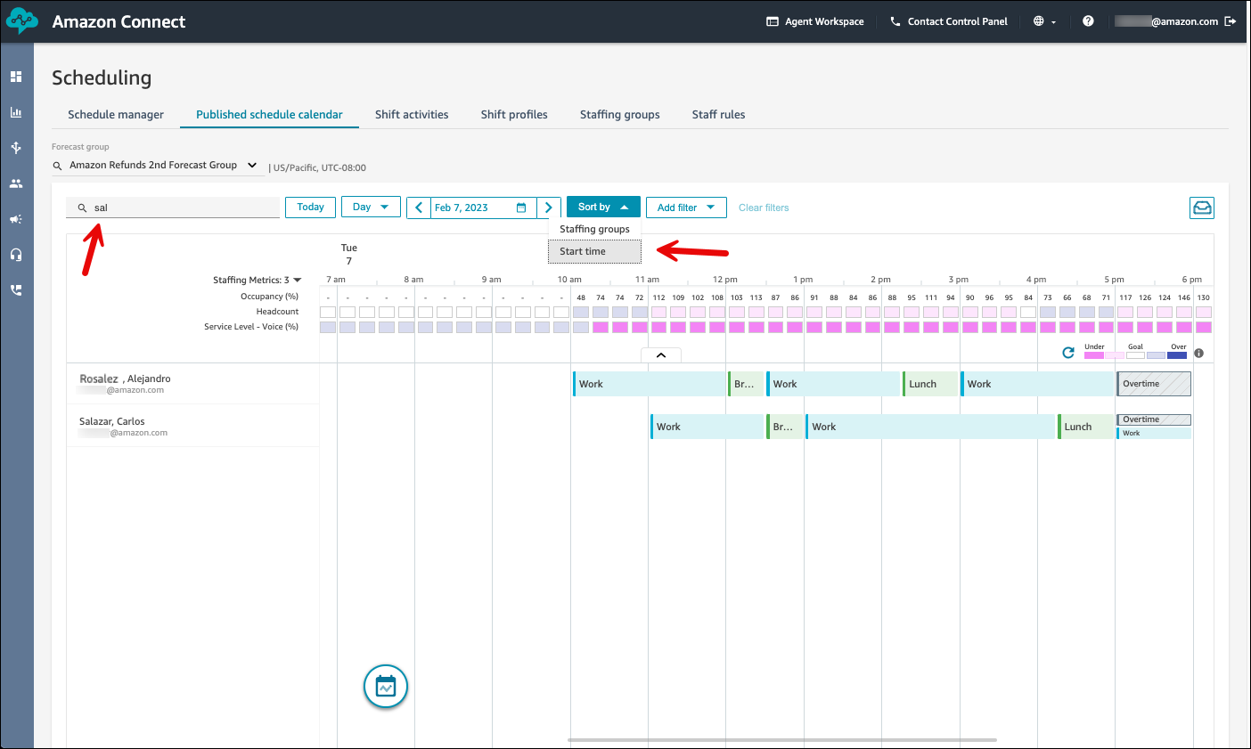 Una ricerca di agenti per nome, cognome o ID di accesso con la stringa sal, ordinati in base all’ora di inizio del turno.