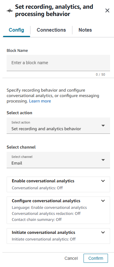 La configurazione del canale e-mail che mostra le impostazioni di analisi conversazionale.