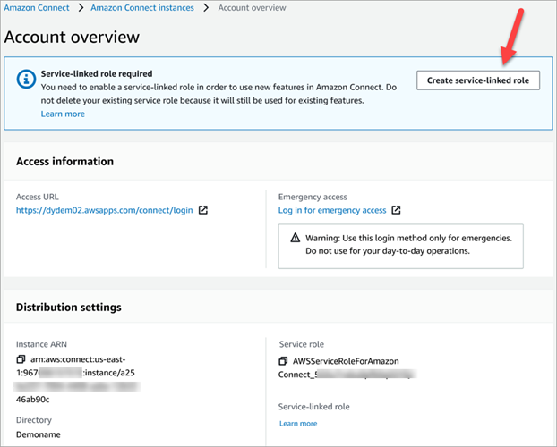 Pagina Panoramica dell'account, pulsante Crea ruolo orientato ai servizi.