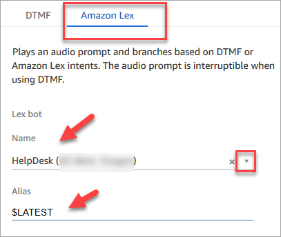 Scheda Amazon Lex, nome e alias del bot.