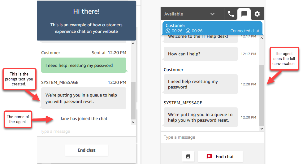 Widget di chat con la richiesta di reimpostazione della password e vista CCP dell’agente.