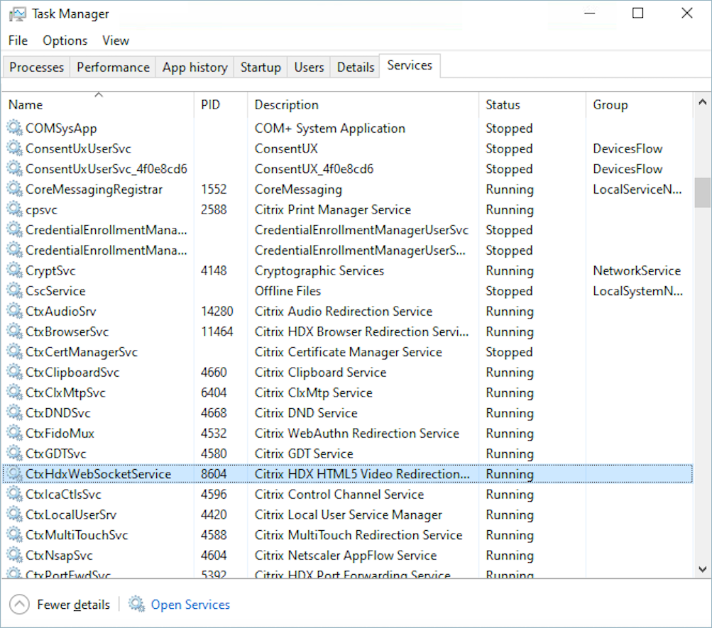 Utilizzo del task manager in Windows per il riavvio CitrixHdxWebSocketService.