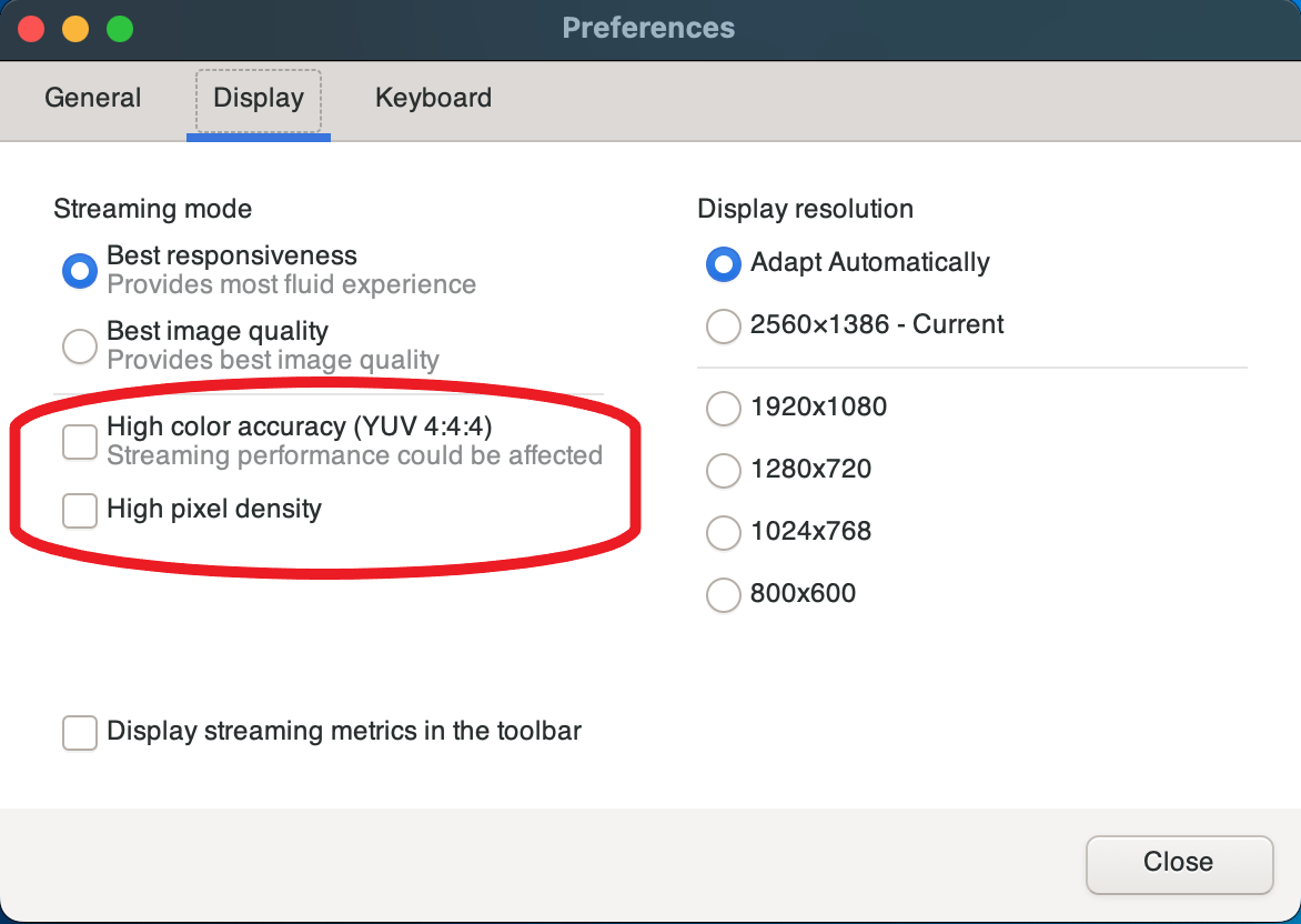 Finestra di dialogo delle preferenze con elevata precisione cromatica.